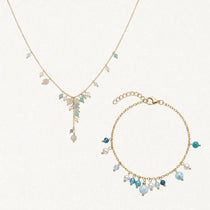 Collier cravate et bracelet en acier inoxydable doré, ornés de perles et de pierres naturelles amazonite.