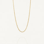 Chaîne fine dorée maille forçat MAISON DE L'AMOUR, un basique intemporel en acier inoxydable sur fond blanc.