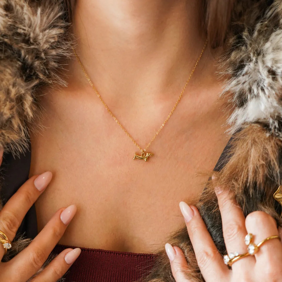 Collier en acier inoxydable doré avec pendentif chien teckel, porté sur le décolleté d'une femme. Ses mains sont visibles.