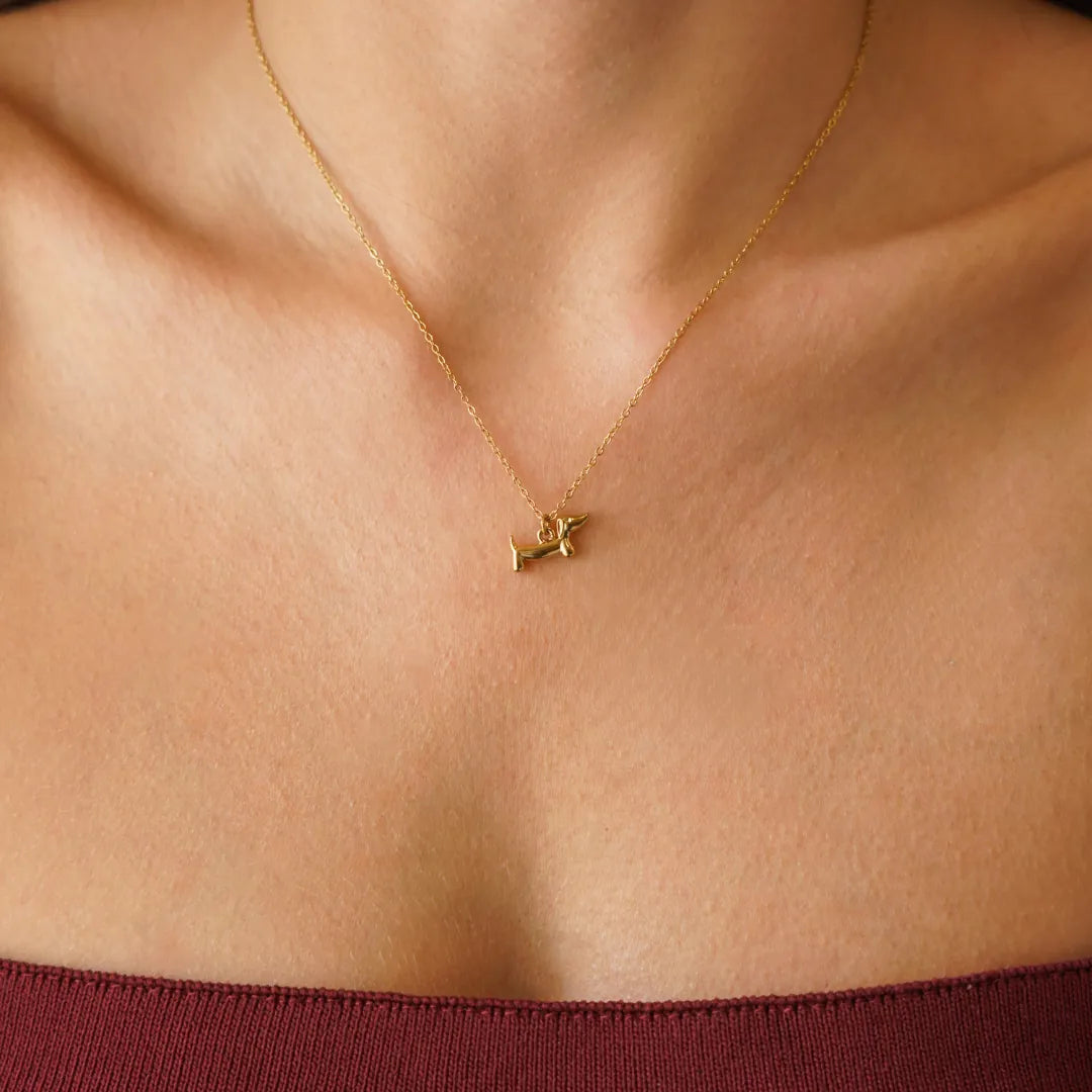 Collier chaîne en acier inoxydable doré, avec un pendentif teckel.