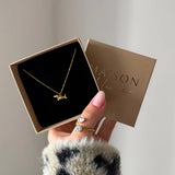 Collier pendentif teckel en acier inoxydable doré dans un écrin beige ouvert, tenu par une main.