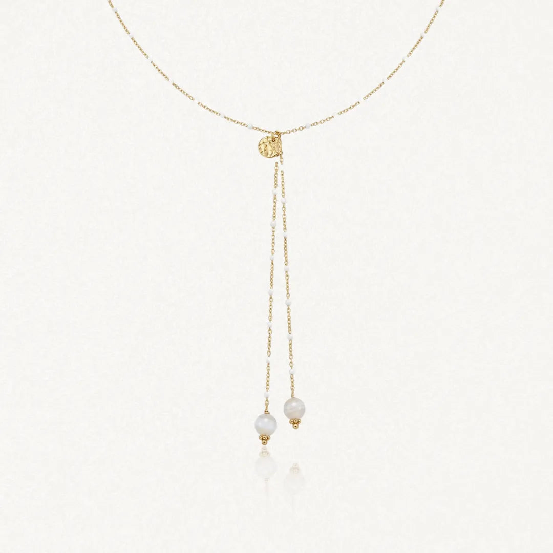 Collier en Y en acier inoxydable doré, petites perles en pierre naturelle et double pendentif en agate blanche ronde.