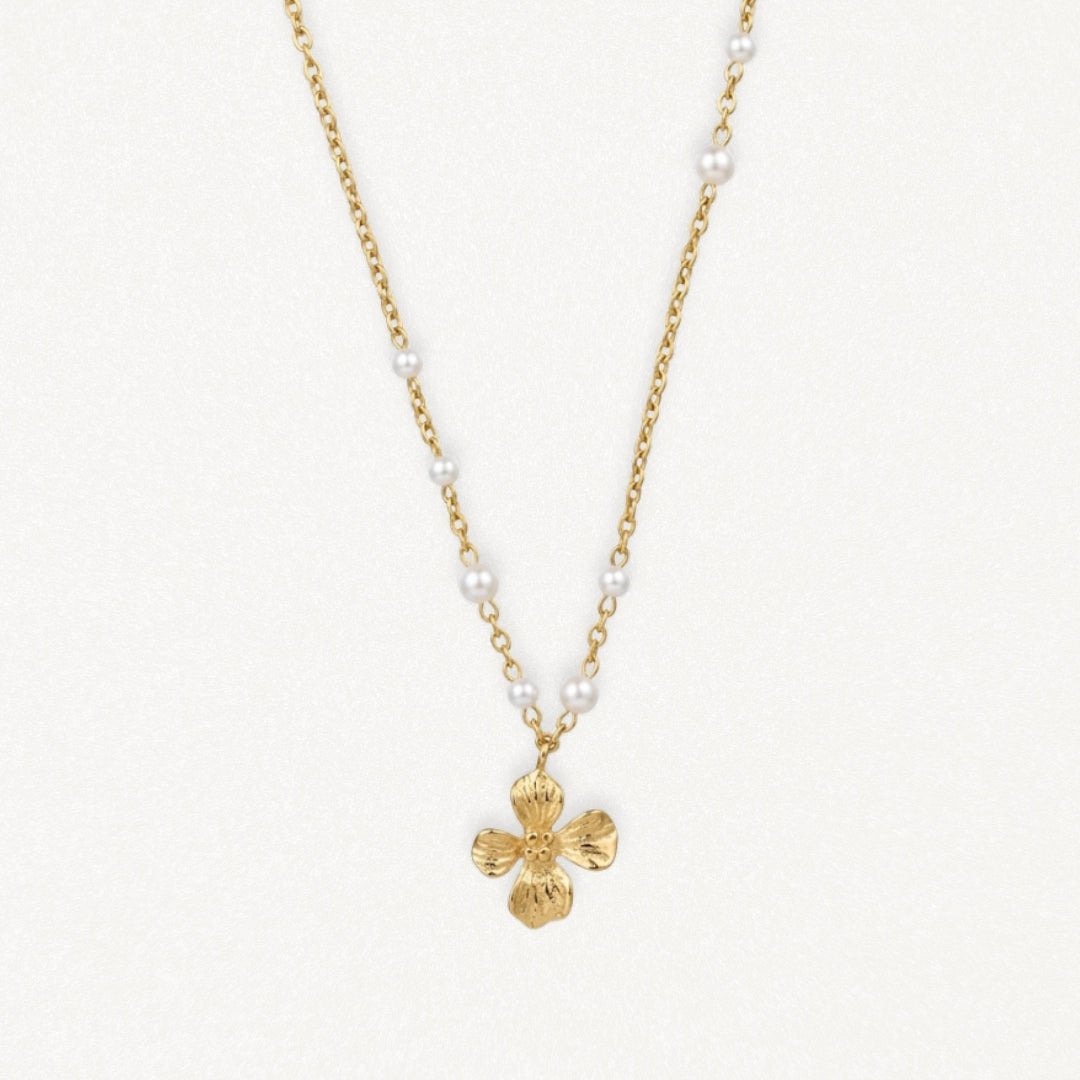 Collier en acier inoxydable doré, chaîne avec perles blanches, pendentif fleur à quatre pétales.