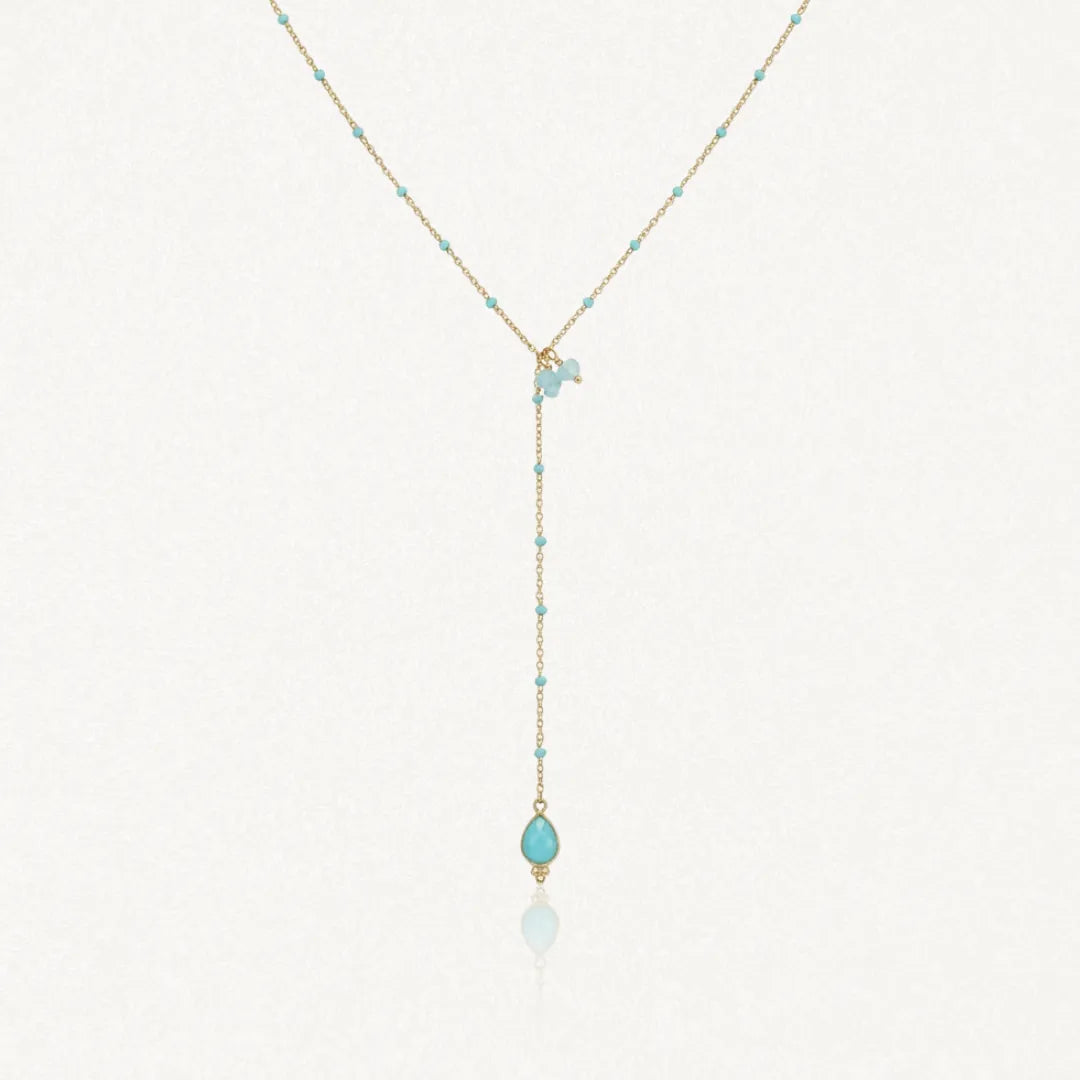 Collier en Y en acier inoxydable doré avec maille perlée bleu ciel et pendentif goutte d'Amazonite.