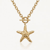 Collier en acier inoxydable doré avec chaîne maillons, fermoir toggle et pendentif étoile de mer texturée.