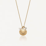 Collier en acier inoxydable doré, pendentif coquillage strié, deux petites perles et un cristal rond.