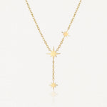 Collier en acier inoxydable doré, forme Y, avec 3 étoiles à 8 branches, dont une en pendentif.