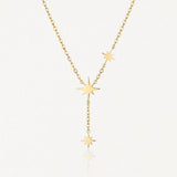 Collier en acier inoxydable doré, forme Y, avec 3 étoiles à 8 branches, dont une en pendentif.