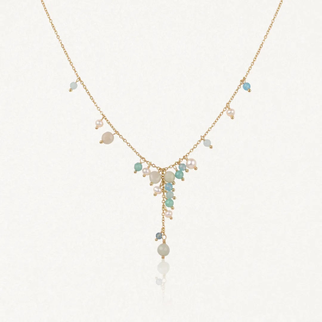 Collier en Y en acier inoxydable doré avec breloques de perles d'eau douce, amazonite et pierres naturelles.