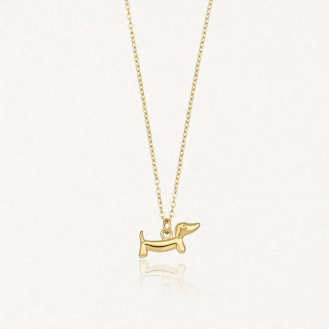 Collier pendentif chien teckel en acier inoxydable doré, sur une fine chaîne dorée.