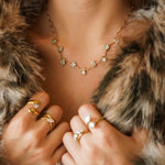 Collier vague en acier inoxydable doré, orné de zircons multiformes sertis clos, porté par une femme en fourrure.