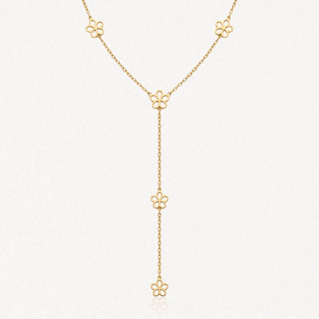 Collier en acier inoxydable doré, chaîne fine avec cinq motifs fleurs évidées disposés en forme de Y.