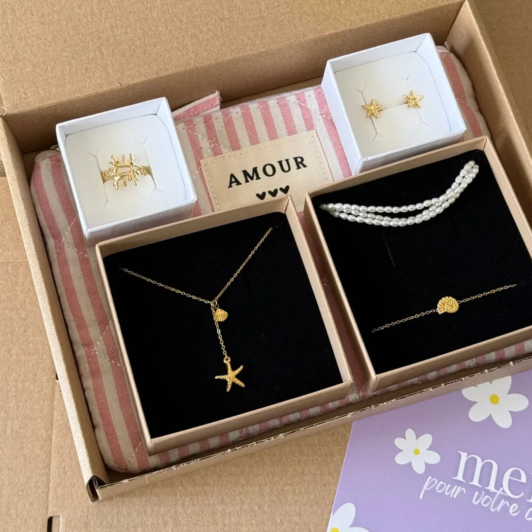 Coffret cadeau : collier en Y acier inoxydable doré étoile de mer et coquillage, bague, boucles étoiles, collier perles,