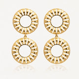 Paire de boucles d'oreilles dorées, pendantes. Chaque boucle a deux anneaux ajourés de motifs radiaux, sur fond blanc.